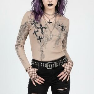 Y2K Gothic Rhinestone Ribbed Long Sleeve Top Tan Small